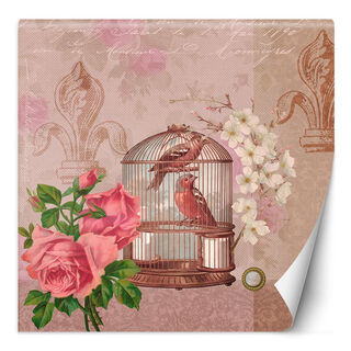 Fototapet, Shabby Chic stil blomster fugler rosa bakgrunn - Andrea Haase