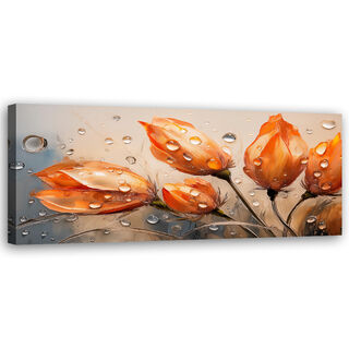 Lerretsbilde, Tulipaner Blomster Oransje rosenrøde dråper - (90x30)
