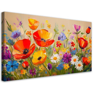 Lerretsbilde, Valmuer fargerike blomster på eng - (80x40)