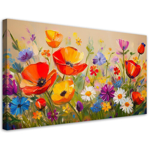 Lerretsbilde, Valmuer fargerike blomster på eng - (80x40)