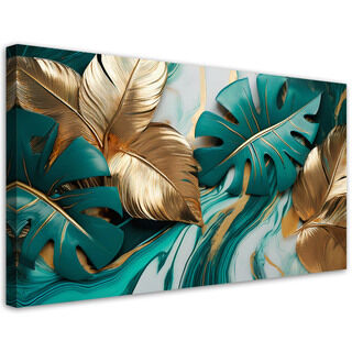 Lerretsbilde, Monstera blader gull turkis marmor - (100x50)