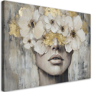 Lerretsbilde, Kvinne Blomster Gull Beige