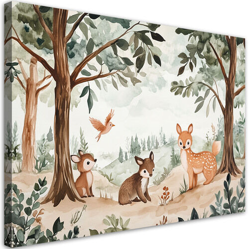 Lerretsbilde, Fawn fugl Skogdyr Beige