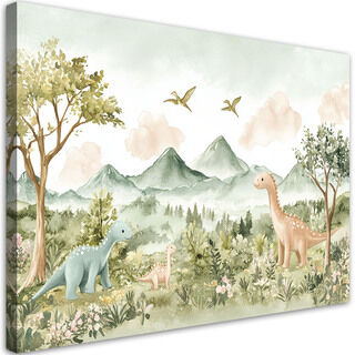 Lerretsbilde, Glade dinosaurer Fjelllandskap