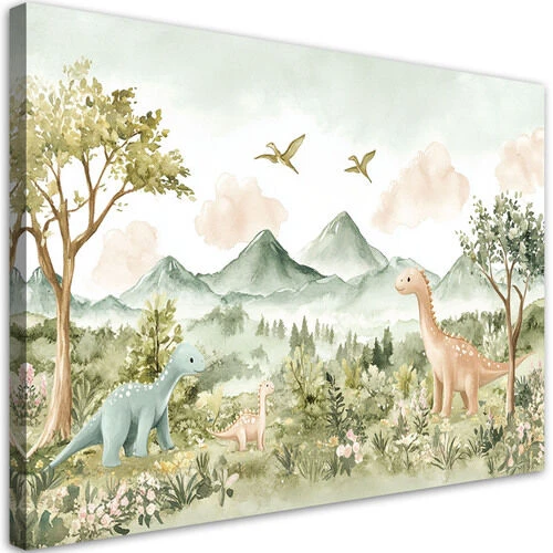 Lerretsbilde, Glade dinosaurer Fjelllandskap