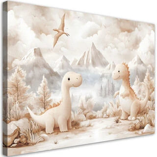 Lerretsbilde, Søte små dinosaurer Landskap Beige
