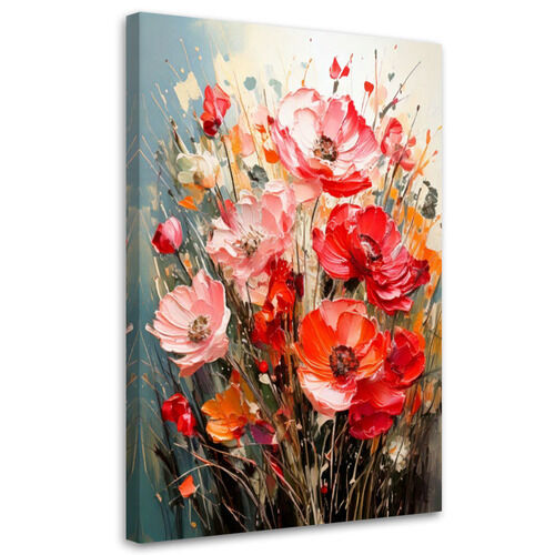 Lerretsbilde, Blomster Valmuer Impasto Rød Oransje Fargerik