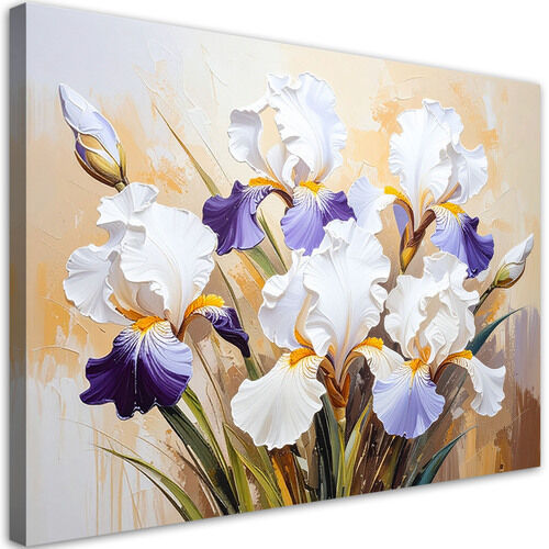 Lerretsbilde, Hvite irisblomster på abstrakt beige bakgrunn