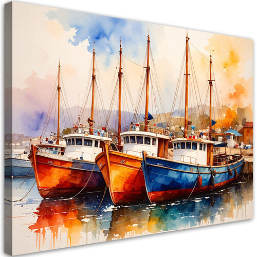 Lerretsbilde, Fargerike båter Skip i havnen