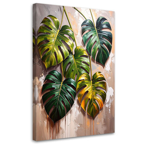 Lerretsbilde, Monstera-blader på malt bakgrunn