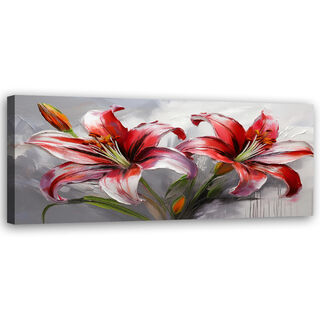 Lerretsbilde, Røde liljer malte blomster - (90x30)