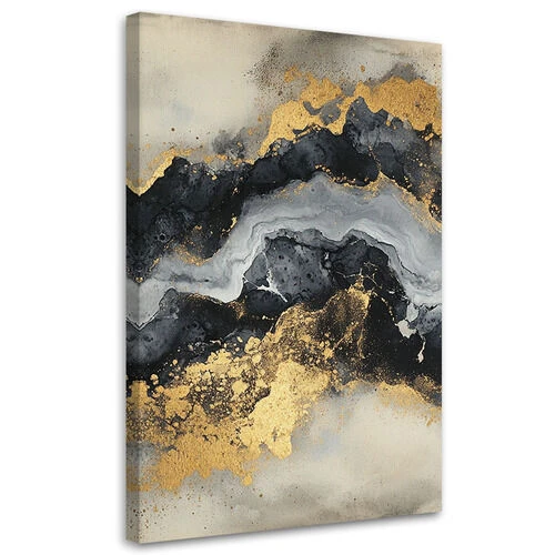 Lerretsbilde, Svart og hvit marmor med gull - (80x120)