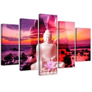 Lerretsbilde 5 deler, Buddha Solnedgang Hav