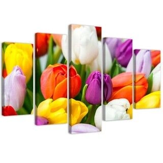 Lerretsbilde 5 deler, Fargerike tulipaner Blomster