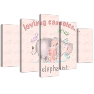 Lerretsbilde 5 deler, Rosa elefant