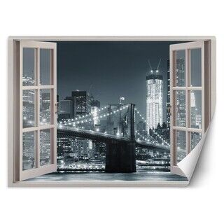 Fototapet, Vindusutsikt New York City Brooklyn Bridge svart hvit