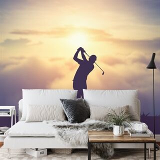 Fototapet Golfspiller På Solnedgangen Bakgrunn