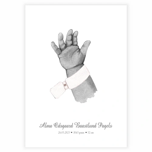 Nyfødt – kjøp en fin plakat på nett i dag. Søt familieplakat med illustrasjon av en liten babys hånd og navn.