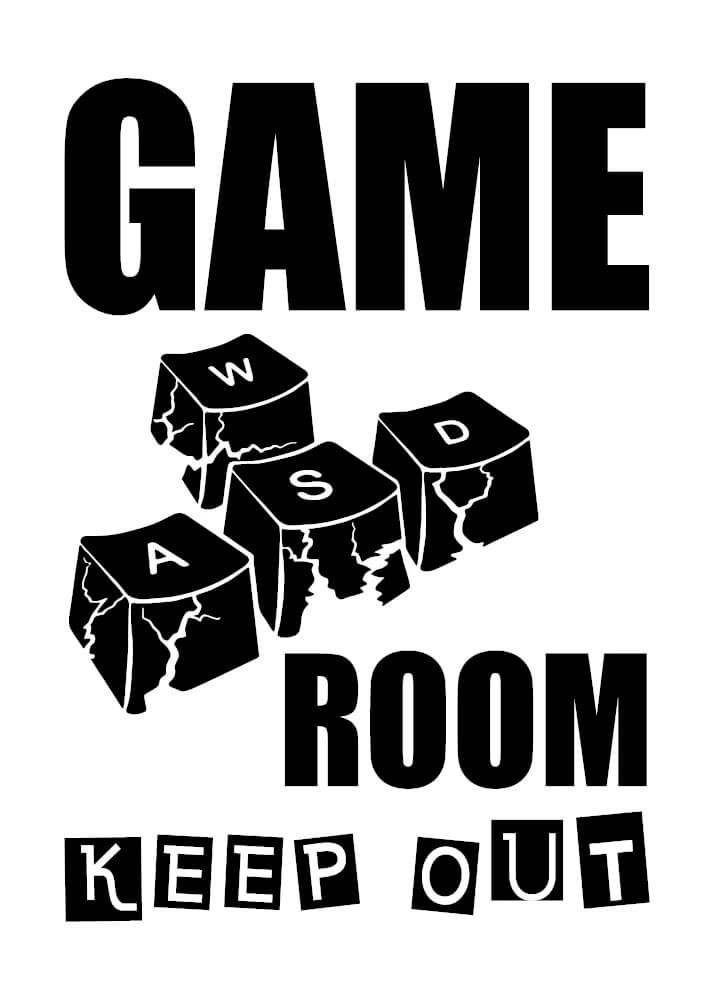 Gamer plakat med teksten Game Room Keep Out med keyboard