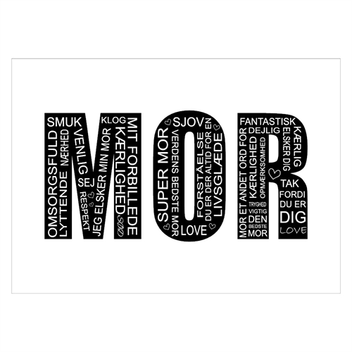Plakat til mor. 3 bokstaver MOR er fylt med søte og kjærlige ord som kjennetegner en mor