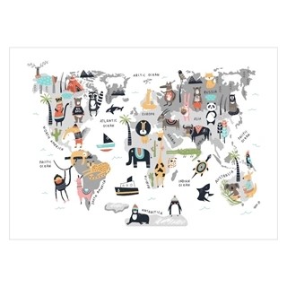Barneplakat med Verdenskart og morsomme dyr