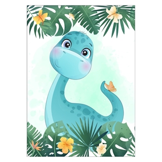 Barneplakat med blå dinosaur og eksotisk design