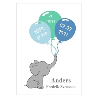 Fødselsplakat med elefant - personlig og unik barneplakat for gutter