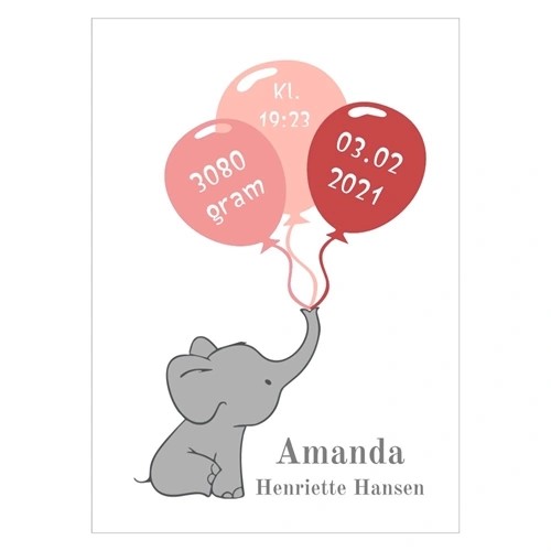 Fødselsplakat med elefant - personlig og unik barneplakat for jenter