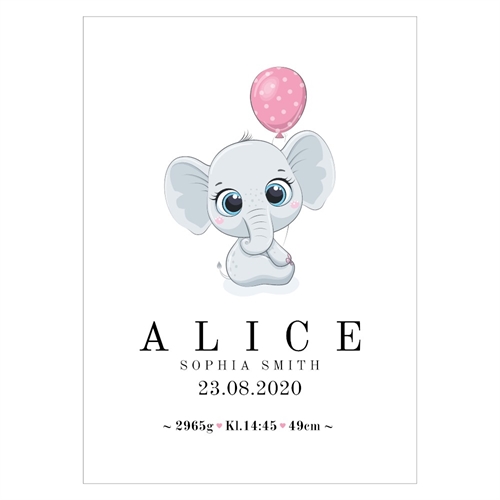 Fødselsbrett med en søt og sjarmerende elefant som holder en rosa ballong. Med plass til navn, dato, høyde og vekt.