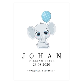 Fødselsbrett med en søt liten elefant som holder en blå ballong. Plakaten har plass til navn, dato, høyde og vekt.