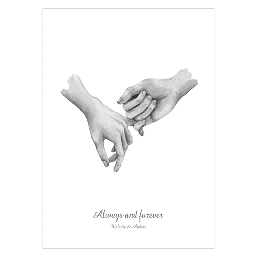 Hånd i hånd – kjøp en vakker plakat på nett i dag. Søt plakat med illustrasjon av to hender som holder hverandre.