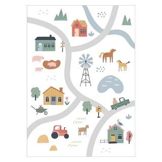 Plakat med landsbykart med hus og dyr