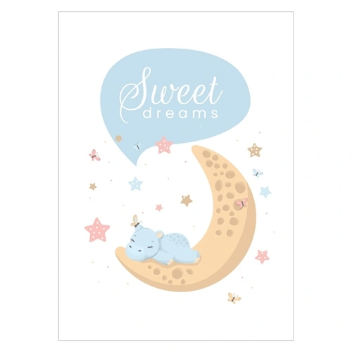 Plakat med flodhest på månen med Sweet dreams Lyseblå