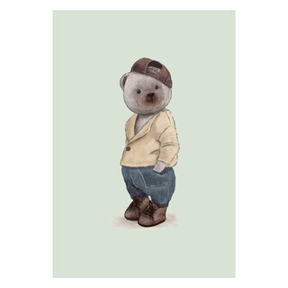 Plakat med søt teddybjørn iført kule klær på myntebakgrunn