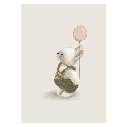 Plakat med en søt kanin som ser opp på ballongen sin på en beige bakgrunn