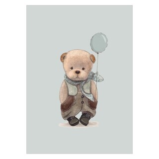Plakat med søt bamse og en lyseblå ballong
