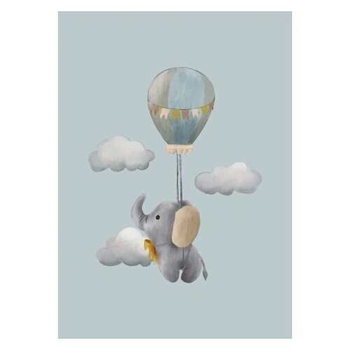 Plakat med søt elefant som flyr i luftballong på blå bakgrunn