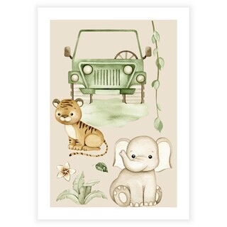 Barneplakat med safaribil, elefant og tiger