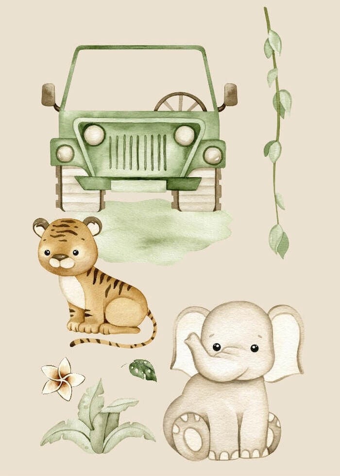 Barneplakat med safaribil, elefant og tiger