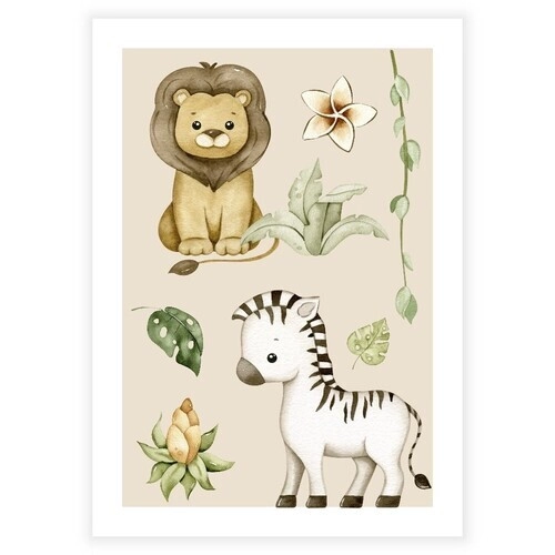 Søt plakat for barn med safaridyr som løve og sebra