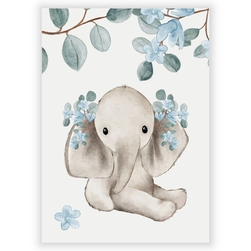 Søt akvarell barneplakat med babyelefant og blomster