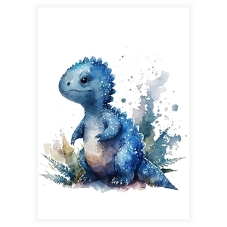 Akvarell barneplakat med blå dinosaur
