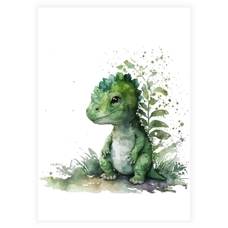 Akvarell barneplakat med grønn dinosaur