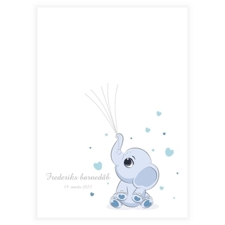 En perfekt babydåpsplakat med fingeravtrykk med lyseblå elefant