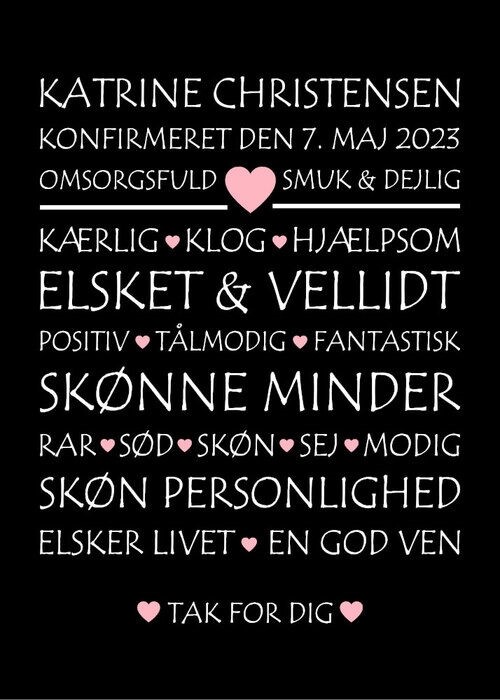 Nydelig plakat til konfirmanten med sort bakgrunn og rosa hjerter