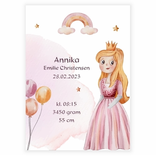 Fødselskart med prinsesse, regnbue og stjerne