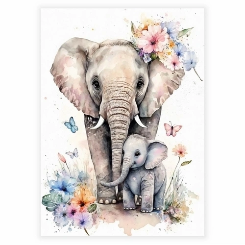 Akvarellplakat med en elefantmor og unge med blomster