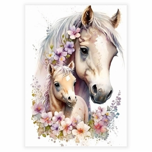 Unik akvarellplakat med hestemor og unge