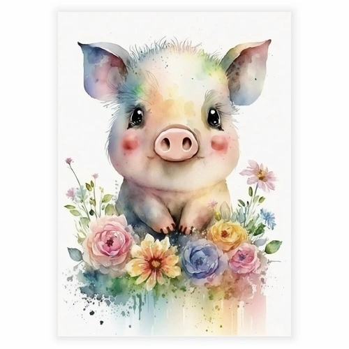 Akvarell Blomster plakat med en liten gris