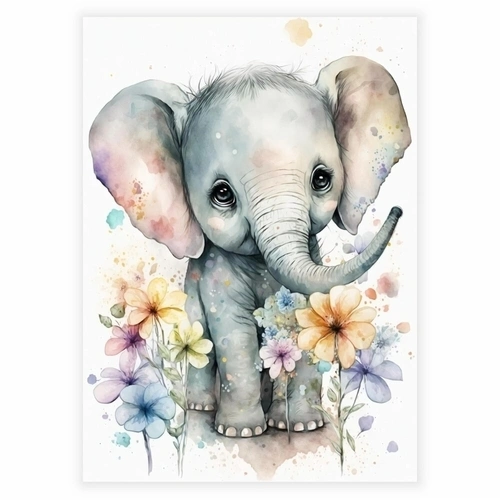 Akvarell blomsterplakat med en liten elefant